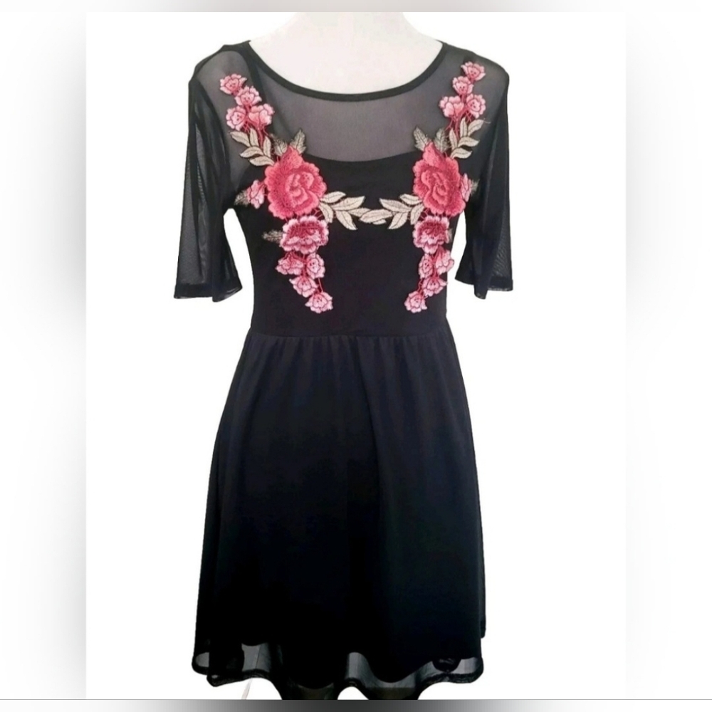 Anthropologie Potter's Pot Black Embroidered Mesh Floral Rose Dress S Christmas